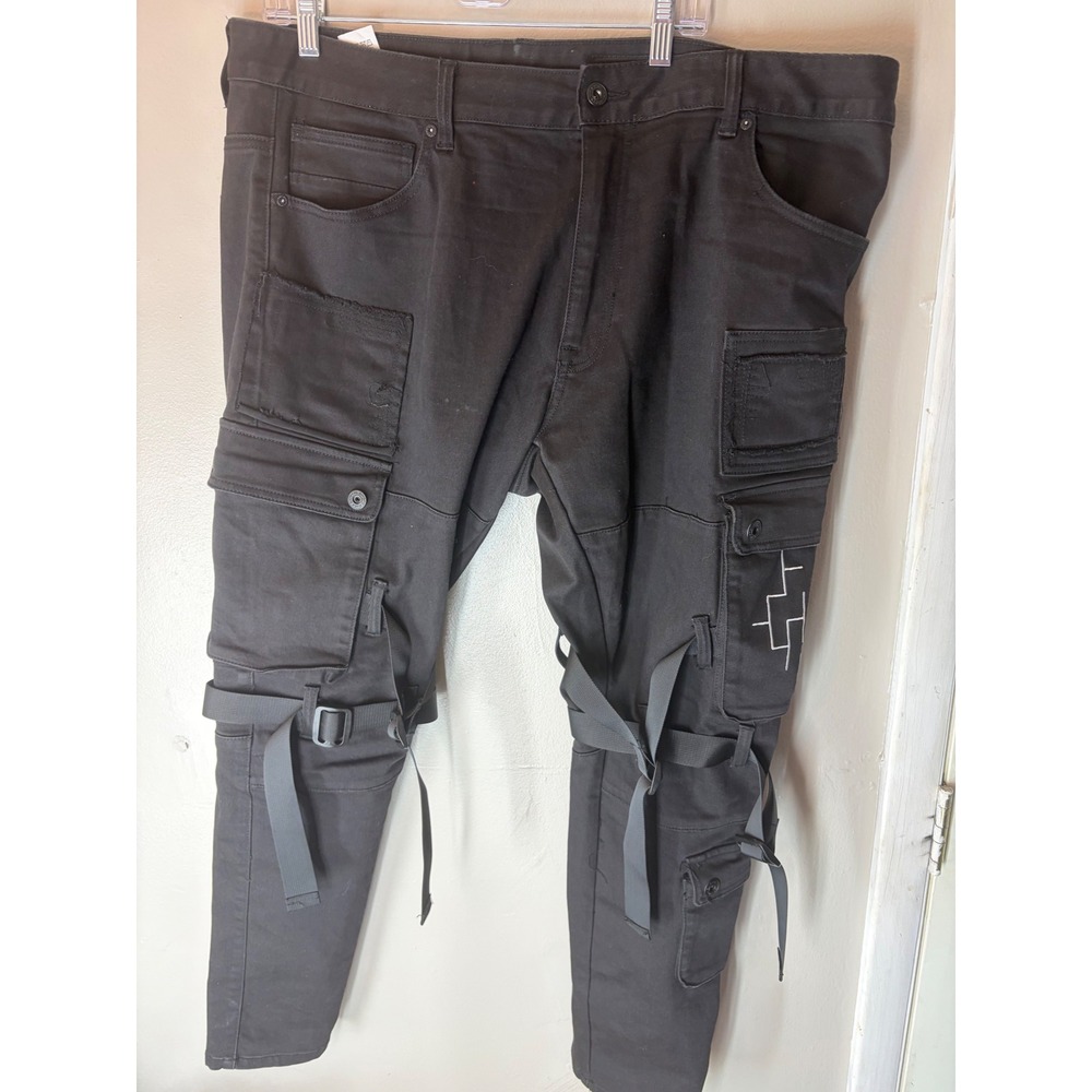 Smoke Rise Mens Black Tactical Cargo Pants Straps Techwear 40x32